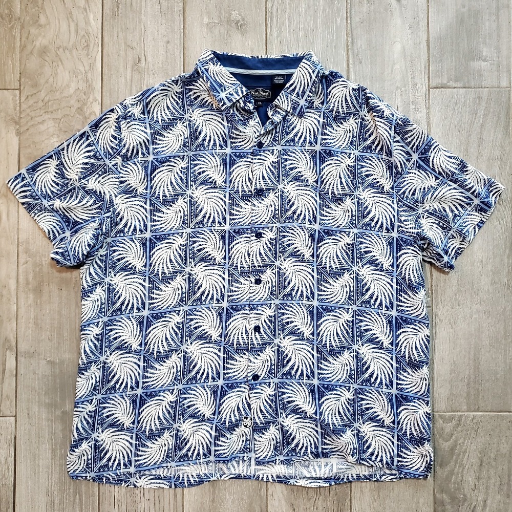 Nat Nast Luxury XL Button Down Silk Cotton‎ Short Sleeve Shirt Men Blue Hawaiian